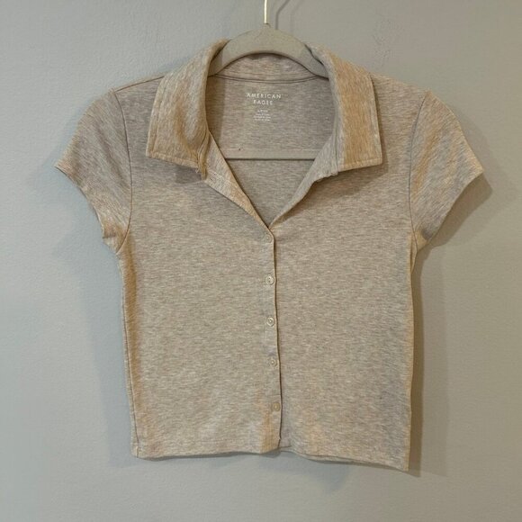 American Eagle Collard Button Up T-Shirt Tan Beige Ivory Women’s Size Small - Picture 4 of 8